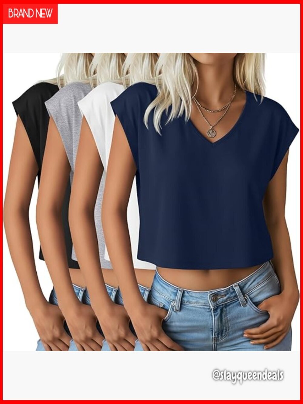 4 Pack V-Neck Cropped Tees Cap Sleeves Loose Fit Casual Summer Tops